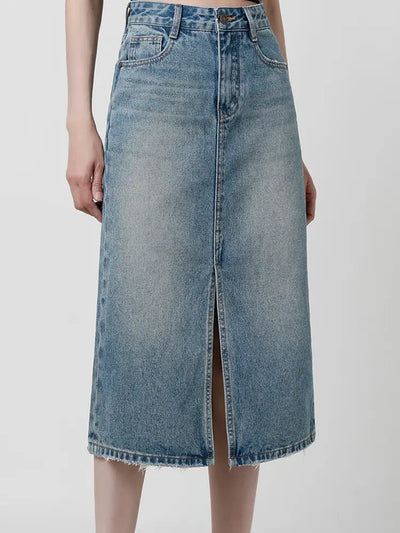 High-Waist Slit Denim Skirt