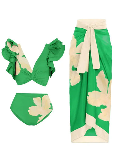 Ruffled Stitch Detail Floral Bikini Set