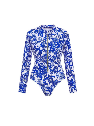 Blue Printed Zip Up Long Sleeve Surf Swimsuit