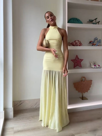 Tulle Hanging  Neck Panel Evening Gown