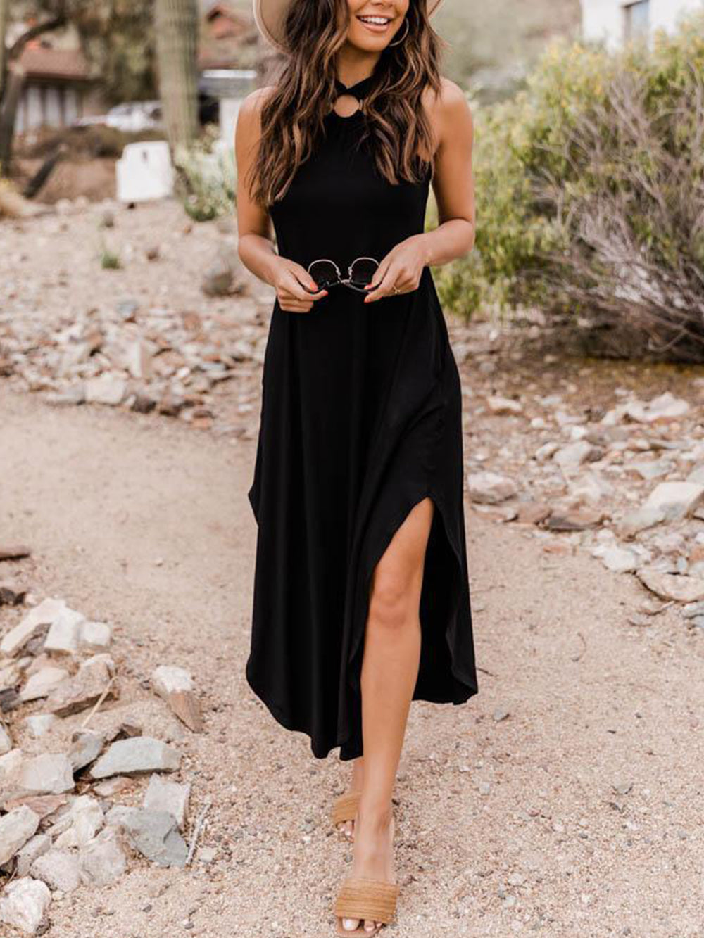 Halter Light Blue Midi Dress with Pocket