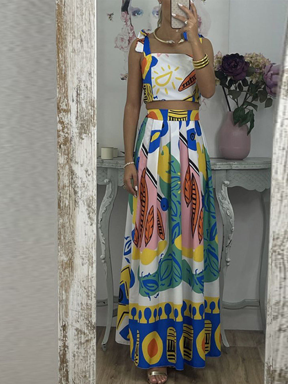 Graffiti Printed Tie Shoulder Top & Pleated Skirt Set