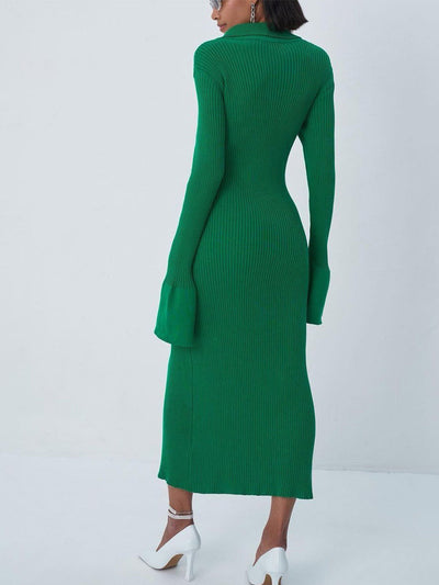 V-Neck Long Bell Sleeve Sweater Maxi Dress