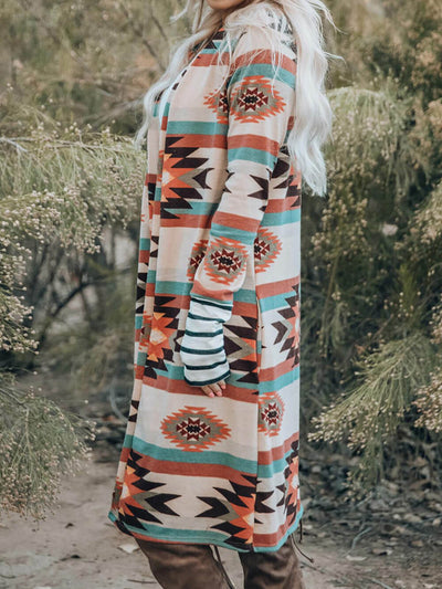 Multicolor Geometric Color Block Long Cardigan