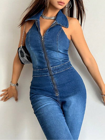Zip Up Flare Leg Denim Halter Jumpsuit
