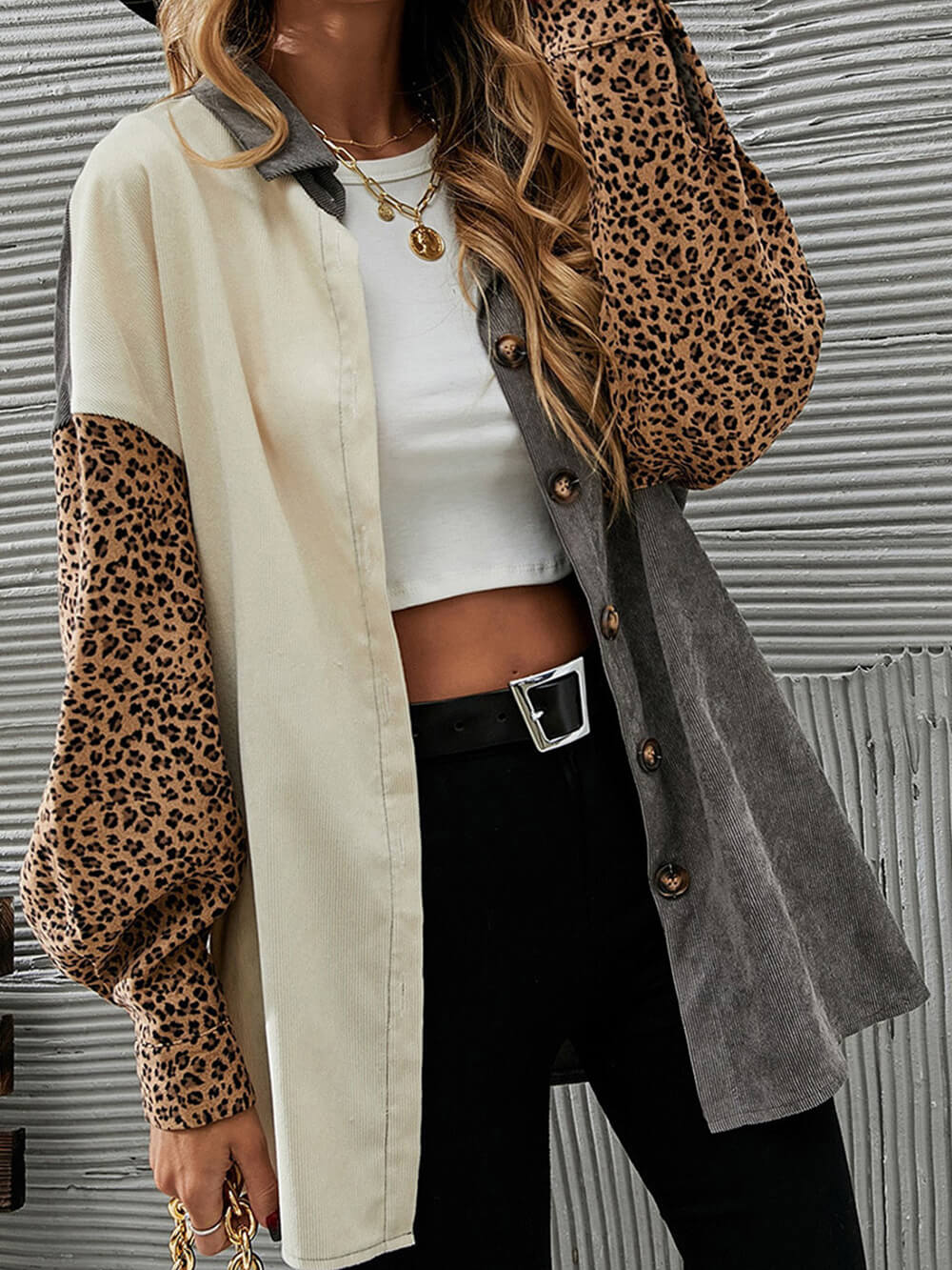 Gray Color Block Leopard Patched Corduroy Shacket