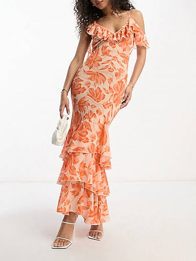 Shoulder Asymmetric Maxi Dress In Orange Floral Jacquard