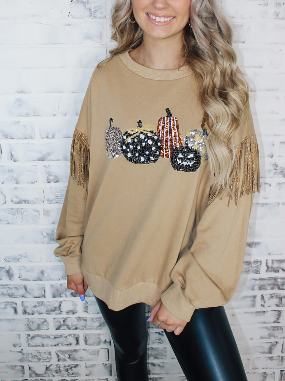 Pumpkin Sequin Fringe Sleeve Top