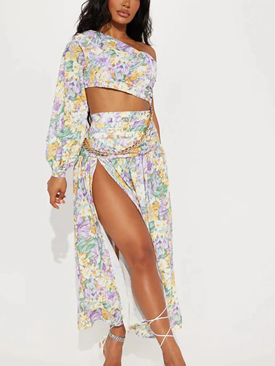 One Shoulder Cutout Floral Swimsuit Set