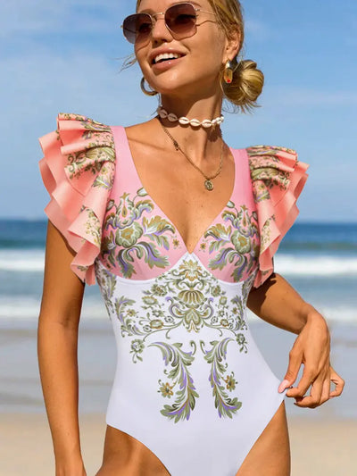 V Neck Ruffle Patchwork Ethnic Print Swimsuit