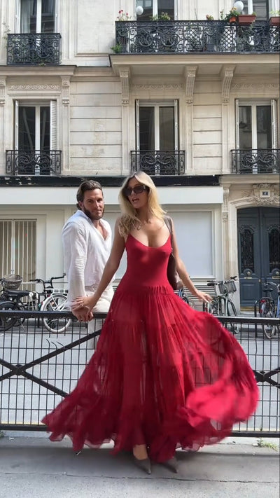 Scarlet Sheer Tiered Spaghetti Strap Maxi Dress