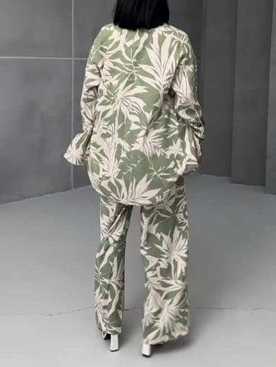 Palm Leaf Printed Elastic Waist Wide Leg Pant Set