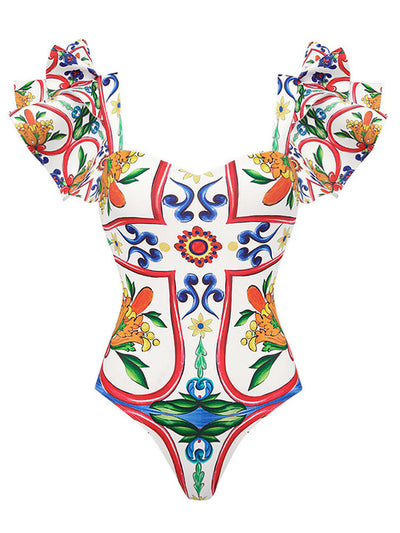 Ruffle Enamel Floral Bikini Swimsuit Set