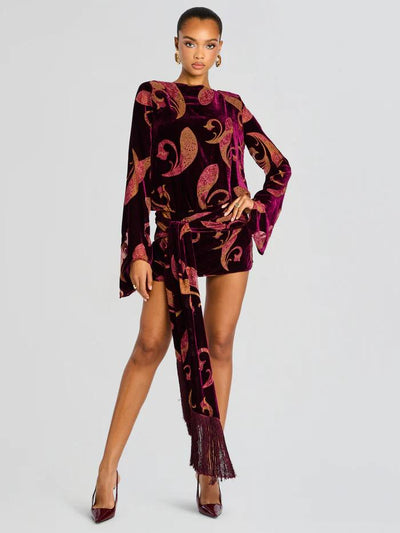 Paisley Bell-Sleeve Fringe Belt Mini Dress
