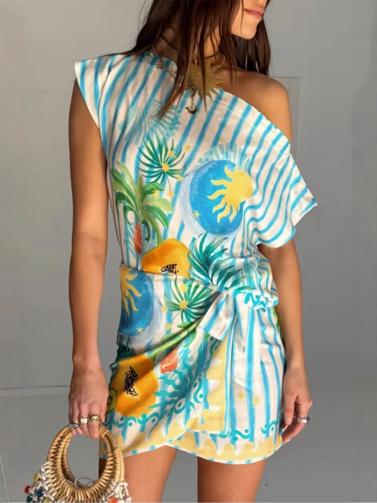 Temperament lace-up linen bodycon dress set