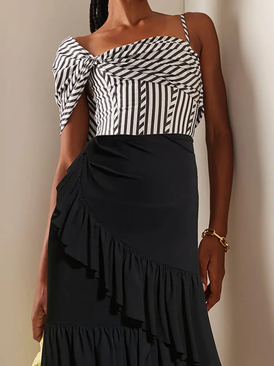 Off Shoulder Striped Print Swimsuit Set