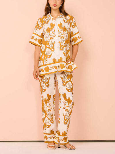 Floral Print Casual Short Sleeve Pants Set