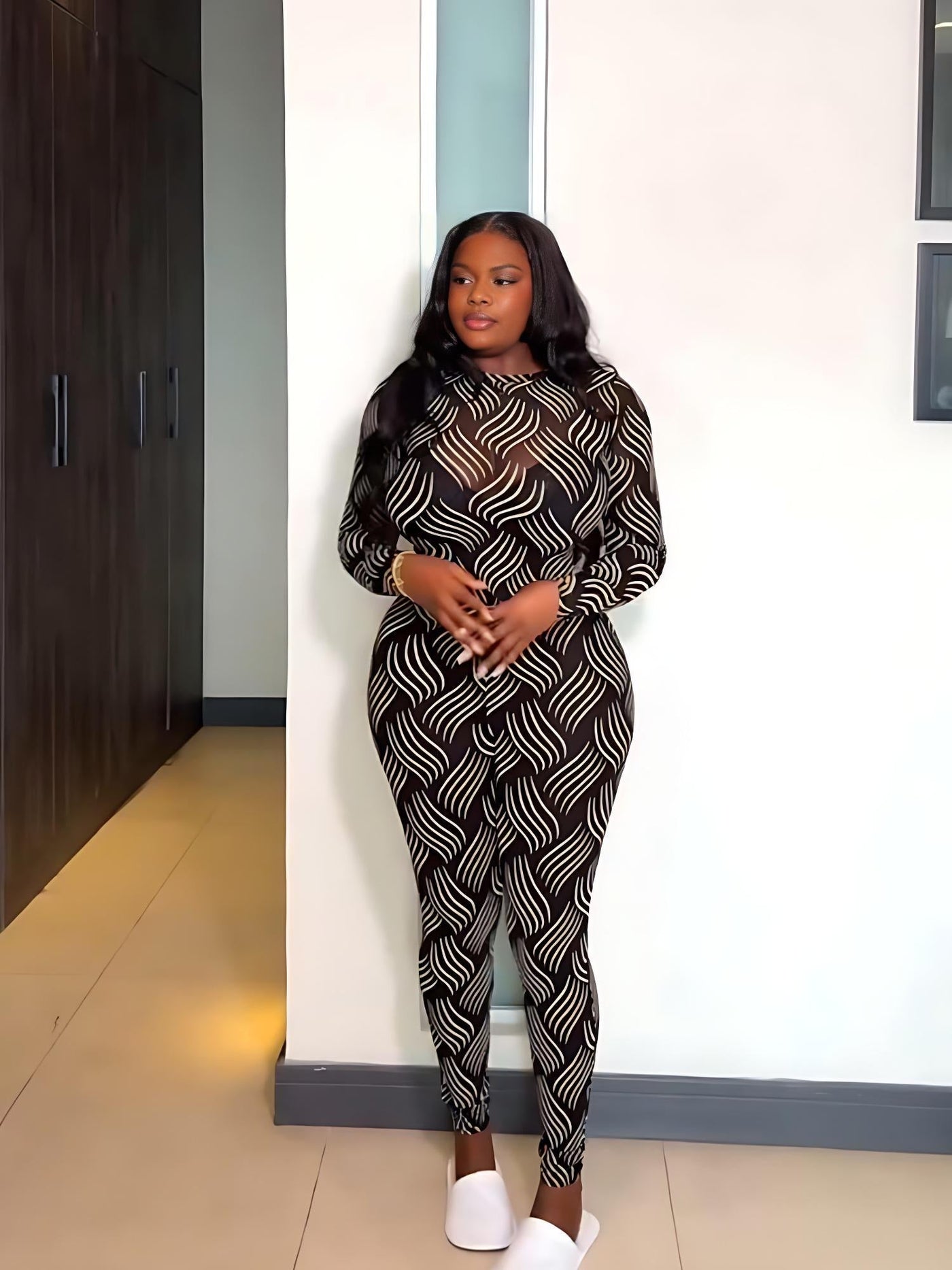 Black & White Wave Print Sheer Bodysuit Pants Set