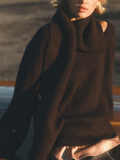 Loose Rib-Knit Scarf-Collar Sweater