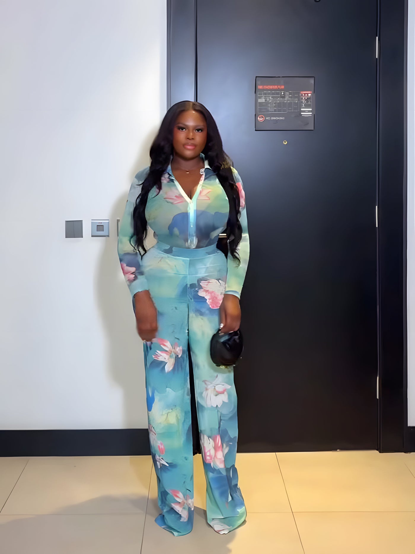 Turquoise Lotus & Leaf Bodysuit Pants Set