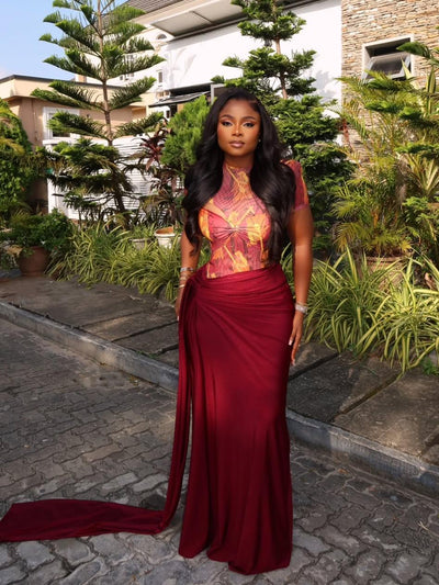 Printed Cutout Bodysuit Draped Skirt Set