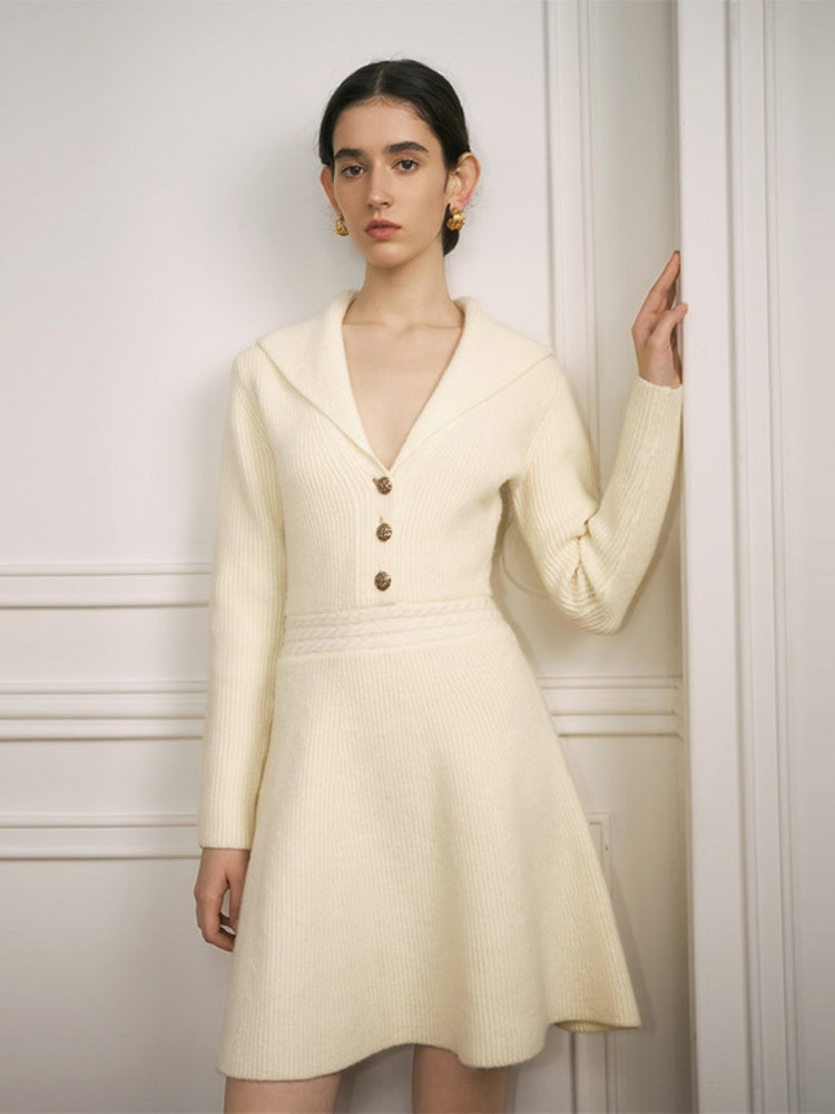 Parisian Style Lapel Knit Mini Dress