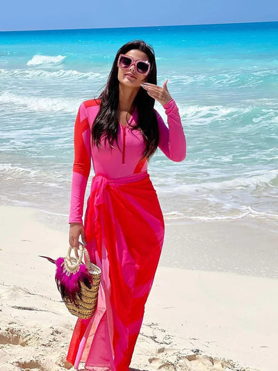 Colorblock Long Sleeve Surf Swimsuit Set