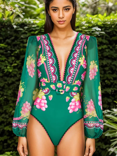Deep V Retro Print Long Sleeve Swimsuit Set