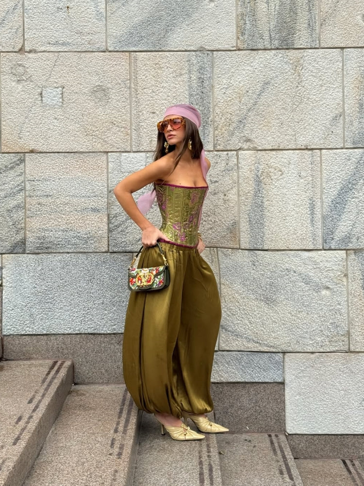 Brocade Corset & Satin Harem Pants Set