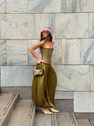 Brocade Corset & Satin Harem Pants Set