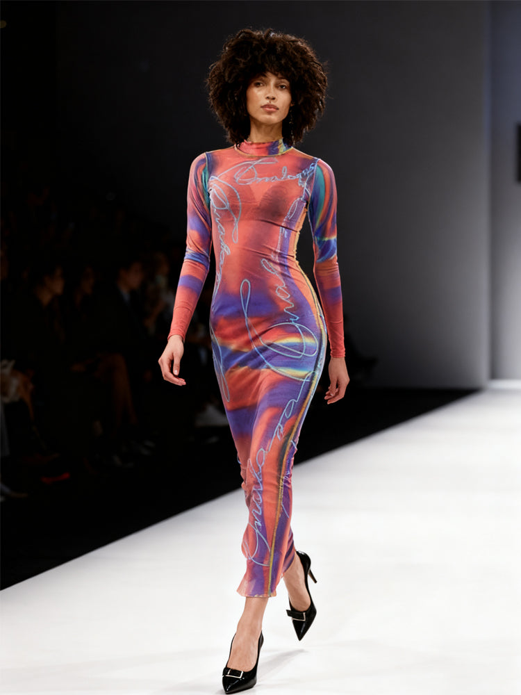 Ombre Mesh Tulle High-Neck Maxi Dress