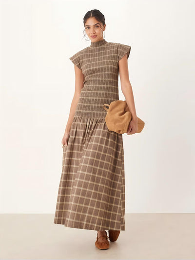 Check Shirred Drop Waist Maxi Dress