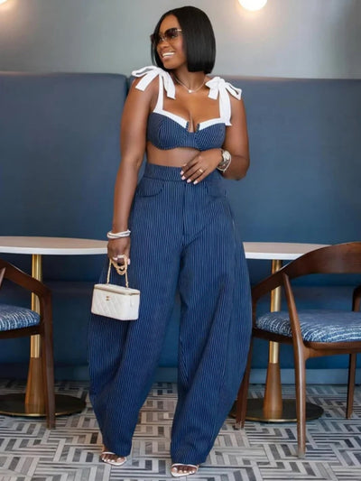 Chic Retro Striped Wide Leg Pants Set