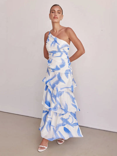 One-Shoulder Strappy Floral Print Dress