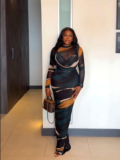 Abstract Mesh Bodysuit & Slip Dress Set