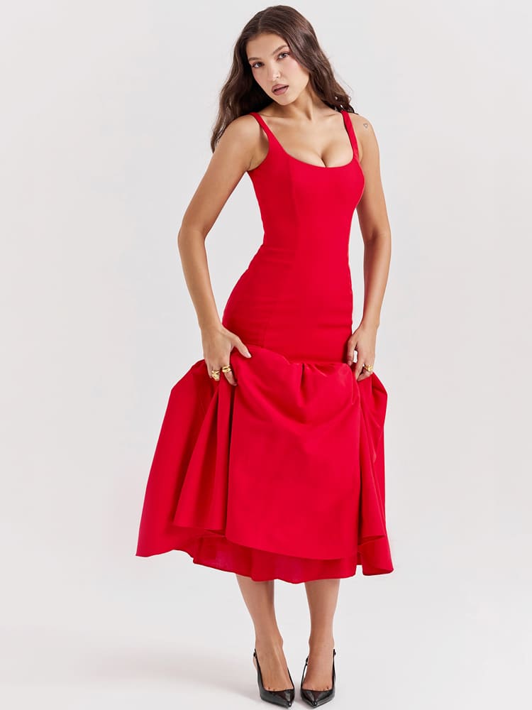 Halter Neck Midi Dress with Side Slit - Scarlet Red