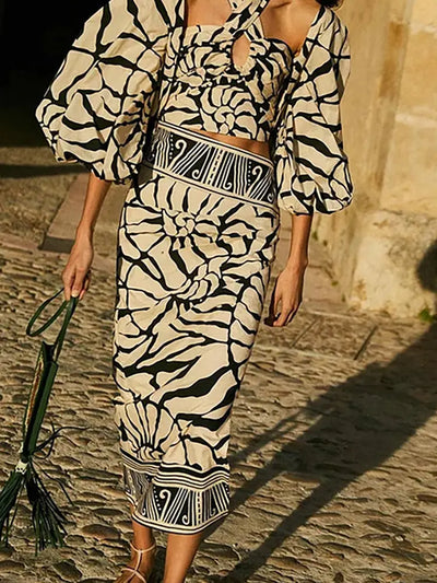 Halter Printed Swimsuit Set with Detachable Sleeves