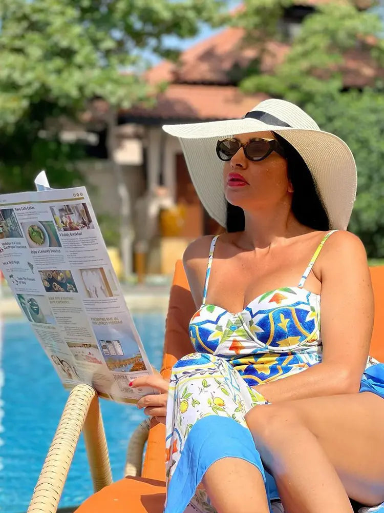 Lemon Print Backless One Piece Swimsuit Set