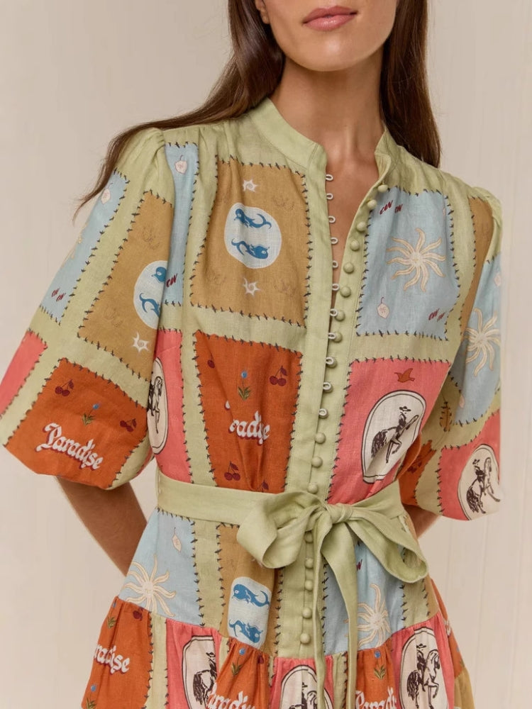 Shirt Collar Linen Short Dress