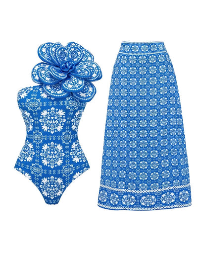 3D Floral Decor Ethnic Print Swimsuit