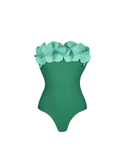 Strapless Green 3D Floral Swimsuit