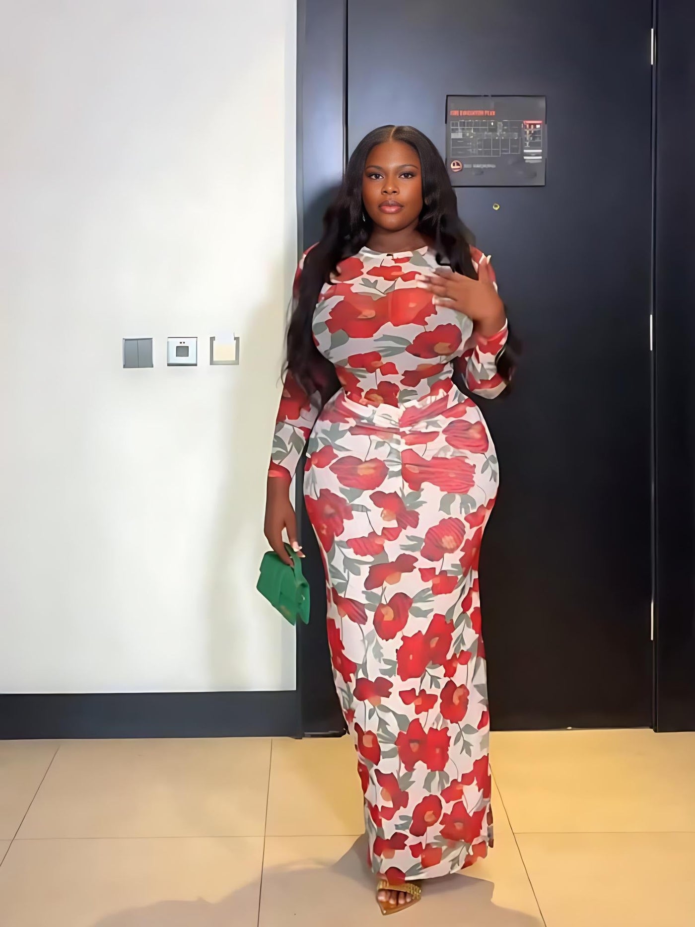 Red Floral Print Bodysuit Skirt Set