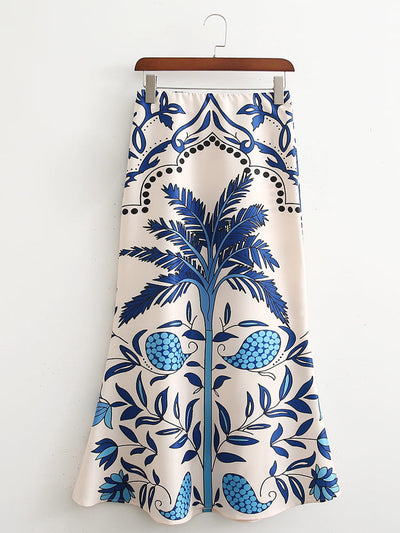 Fashion Printed V-Neck Long Sleeve Cropped Top and Skirt Set