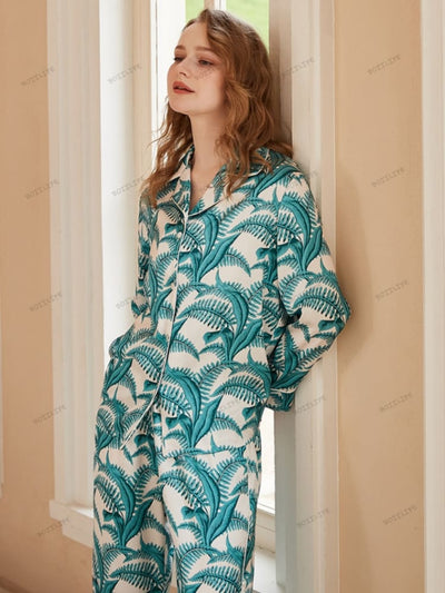 Mimosa Pattern Ice Silk Long Sleeve Casual Wear Set