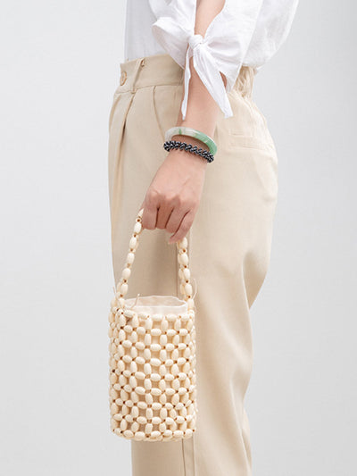 Hollowed-Out Wooden Bead Woven Bucket Bag