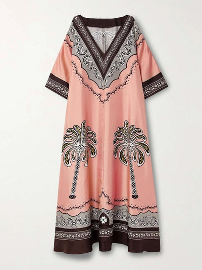 Vacation-Style V-Neck Satin Printed Dress