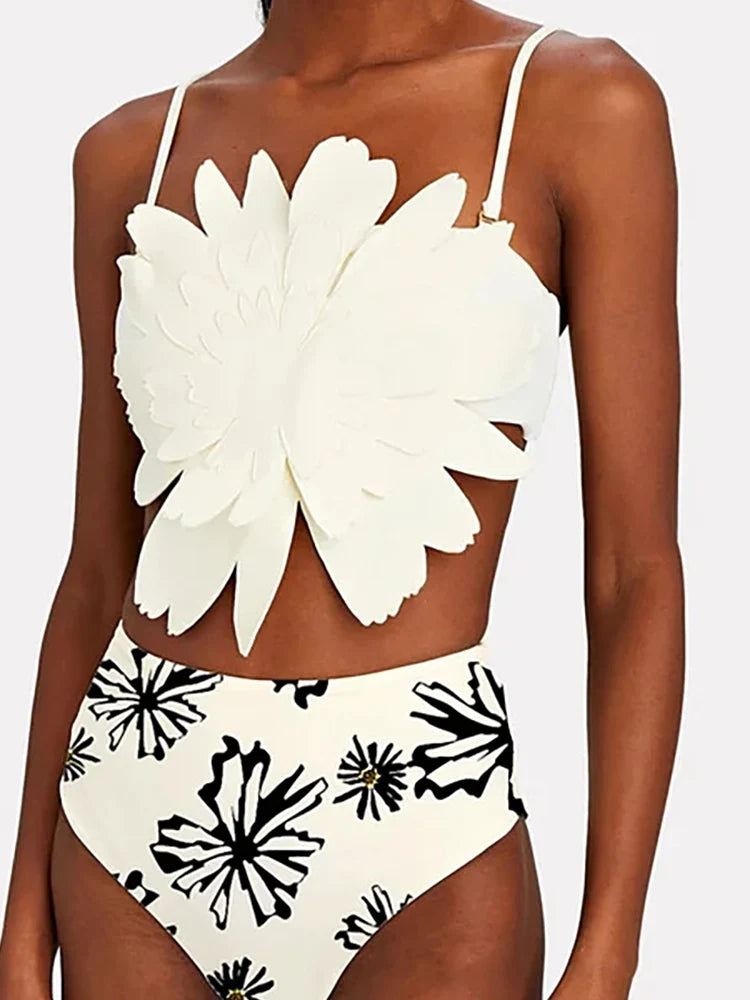 Floral Trim White Printed Bikini Set