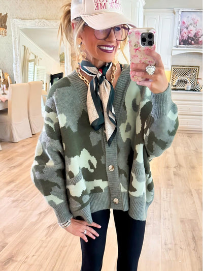 Oversized Camouflage Cardigan Sweater