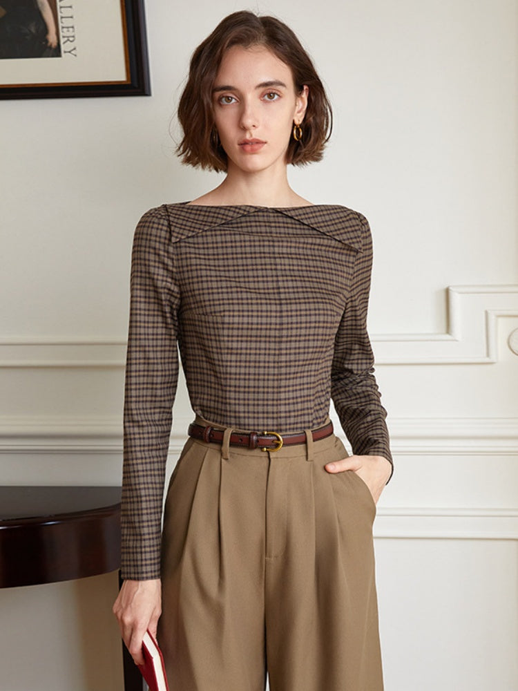 French Vintage Off-Shoulder Plaid Blouse