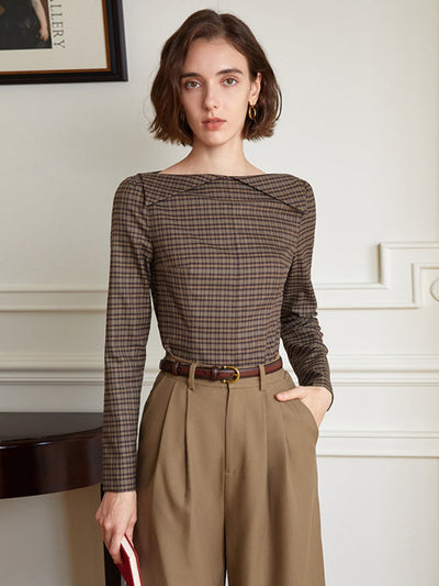 French Vintage Off-Shoulder Plaid Blouse